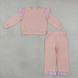 Matching Baby girls solid long sleeve ruffle outfits cotton