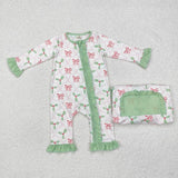 Family Matching Christmas bow green adult and kids pajamas