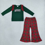 GLP3595  baby girls Christmas Merry green long sleeves plaid pant outfits embroidery