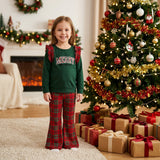 GLP3595  baby girls Christmas Merry green long sleeves plaid pant outfits embroidery