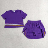 GSD3944 Girls solid purple short sleeve skirt outfits