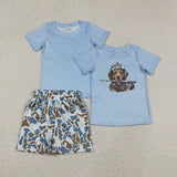 Matching boys hunting blue short sleeve camo shorts outfits