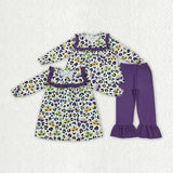 Matching Girls Mardi Gras leopard long sleeve dress outfits