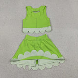 GSD3322 baby girls solid green sleeveless checkered bow skirt Outfits yoga
