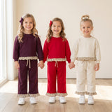 Matching Baby girls solid long sleeve ruffle outfits sweatshirt material