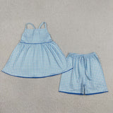 GSSO3418 girls blue checkered slip shorts outfits