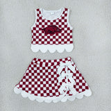 GSD4286 girls pig red checkered sleeveless skirt bow outfits yoga