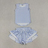 GSSO3479 girls blue checkered sleeveless shorts outfits yoga