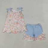 Matching Baby girls sleeveless flower short sleeve scalloped shorts outfits