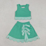 GSD3320 baby girls solid green sleeveless checkered bow skirt Outfits yoga