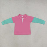 GT1820 baby girls pink green long sleeve zipper pullover top