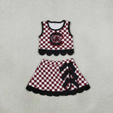 GSD4288 girls team red checkered sleeveless skirt bow outfits yoga