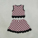 GSD4288 girls team red checkered sleeveless skirt bow outfits yoga