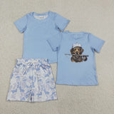 Matching boys hunting blue short sleeve camo shorts outfits