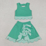 GSD3320 baby girls solid green sleeveless checkered bow skirt Outfits yoga