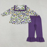 Matching Girls Mardi Gras leopard long sleeve dress outfits