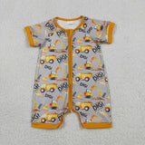 SR0844 baby boys DIG tractor short sleeve zipper romper