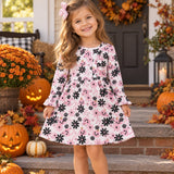 GLD1637 girls Halloween black pink flower button long sleeve dress