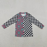 GT1509 baby girls horseshoe checkered button long sleeve tee shirts top