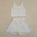 GSD3839 Girls blue checkered sleeveless skirt outfits yoga