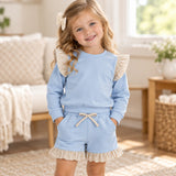 GLS0216 baby girls blue long sleeve ruffle shorts outfits cotton