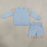 GLS0216 baby girls blue long sleeve ruffle shorts outfits cotton