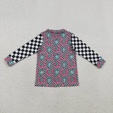 GT1509 baby girls horseshoe checkered button long sleeve tee shirts top
