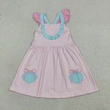 GSD3958 girls pink stripe button Shell dress embroidery