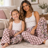 Family Matching Adult  Baby kids plaid leaf pants