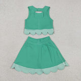 GSD3320 baby girls solid green sleeveless checkered bow skirt Outfits yoga
