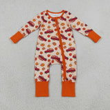 LR3234 baby boys pumpkin tractor long sleeve zipper romper