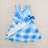 GSD3778 girls blue checkered sleeveless bow scalloped dress yoga