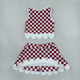 GSD4286 girls pig red checkered sleeveless skirt bow outfits yoga