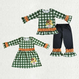 Matching baby girls Scarecrow green plaid clothing embroidery