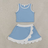 GSD4084 baby girls blue sleeveless scalloped skirt Outfits yoga