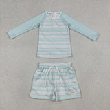 S0649 Baby boys long sleeve stripe blue short swimsuit
