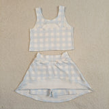 GSD3839 Girls blue checkered sleeveless skirt outfits yoga