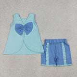 GSSO3463 girls blue sleeveless bow shorts outfits
