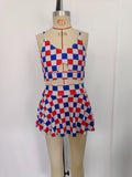 Blue red plaid mommy and me girls 4th of July swimsuit