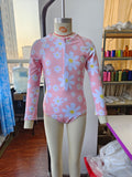 Long sleeves pink floral girls one pc summer swimsuit