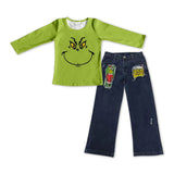 BLP0225-- Christmas cartoon green top +  jeans outfits