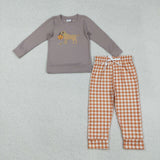 BLP1098 baby Boys Halloween pumpkin embroidered dog orange checkered outfits