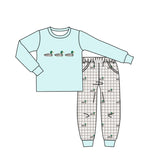 4.16 Pre-order BLP1424 boys duck blue long sleeve checkered  pant outfits