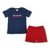 Matching Baby girls boys god bless navy navy short sleeve red shorts outfits embroidery
