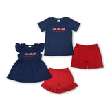Matching Baby girls boys god bless navy navy short sleeve red shorts outfits embroidery