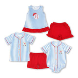 Matching Baby girls boys outfits baseball with blue stripes embroidery