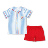 Matching Baby girls boys outfits baseball with blue stripes embroidery