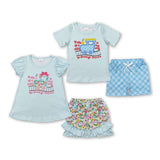 Matching Baby girls boys Letter train blue short sleeve plaid shorts outfits