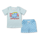 Matching Baby girls boys Letter train blue short sleeve plaid shorts outfits