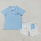 BSSO1494 Boys blue short sleeve embroidered car shorts outfits